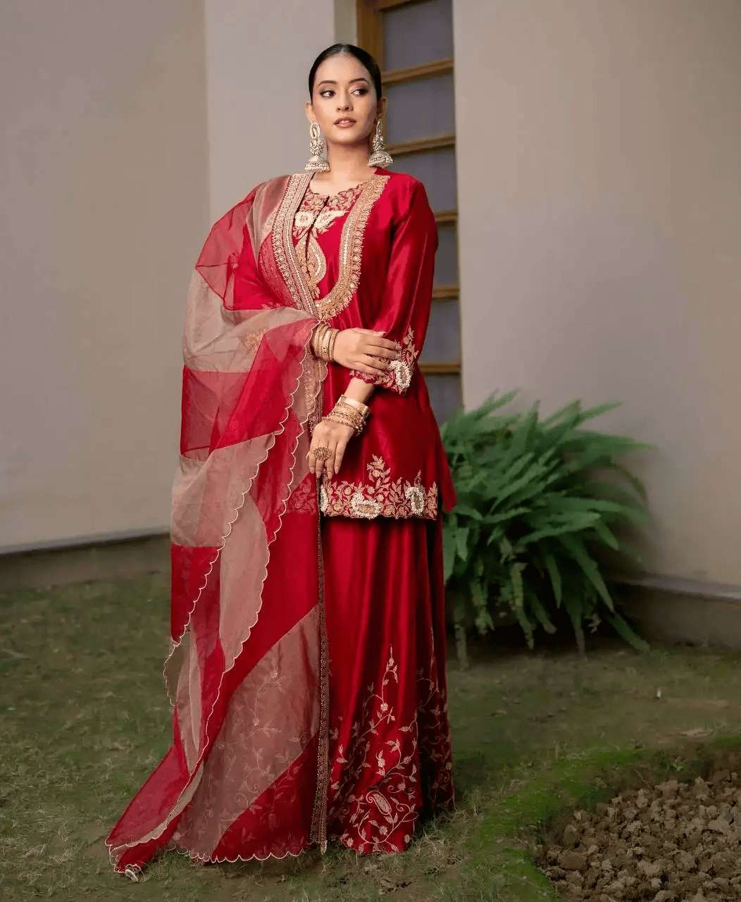 Women's Chinon Silk Sequence Embroidery Work Straight Kurti With Sharara Suit and Dupatta Set - Image 4